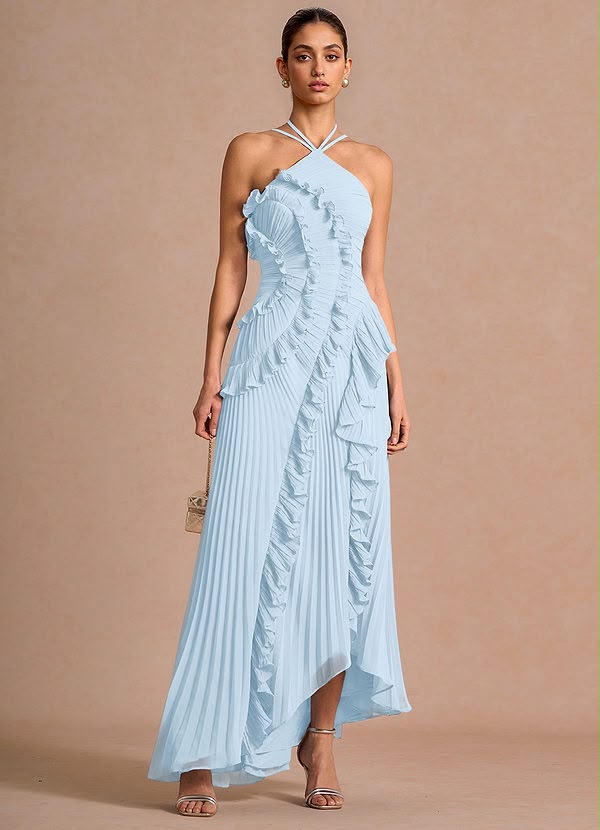 V. E. Vestido Maxi Plisado Azul Celeste Asimétrico con Volantes