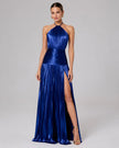 V.E. Vestido Maxi Plisado Metalizado Azul Rey con Abertura