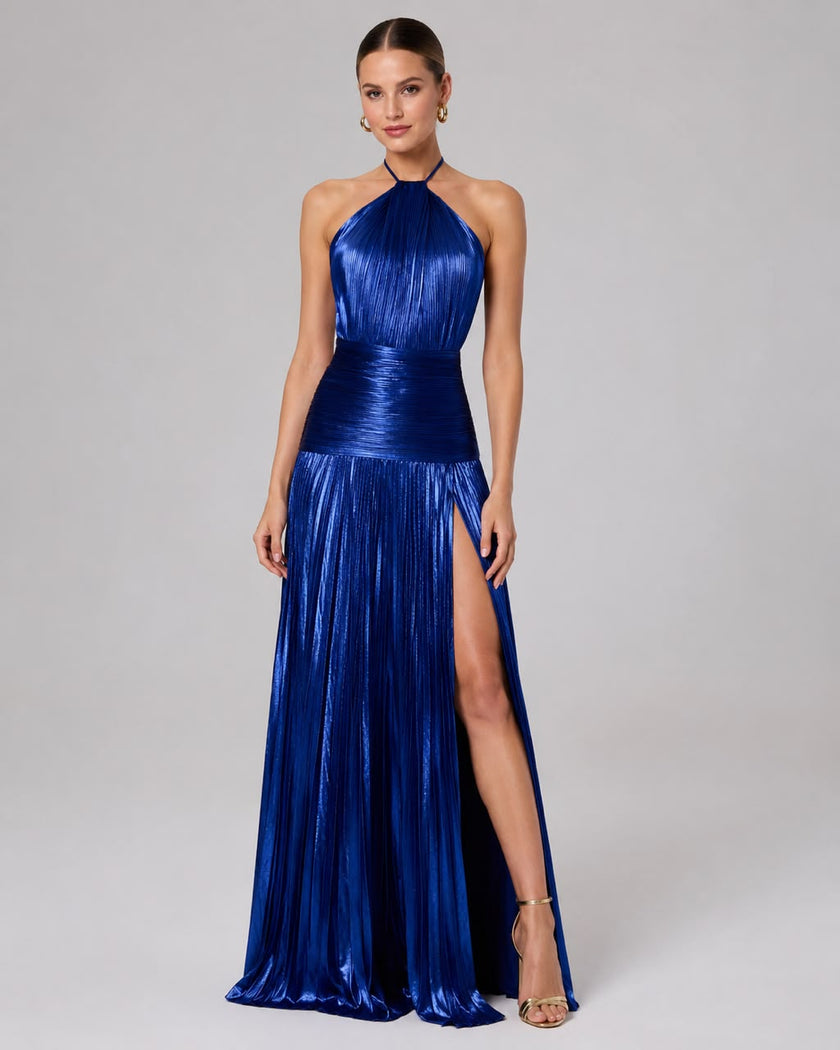 V.E. Vestido Maxi Plisado Metalizado Azul Rey con Abertura