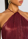 V. E. Vestido Maxi Plisado Metalizado Borgoña con Abertura