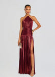 V. E. Vestido Maxi Plisado Metalizado Borgoña con Abertura
