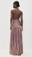 V. E. Vestido Maxi Plisado Metalizado Rosa Dorado con Abertura