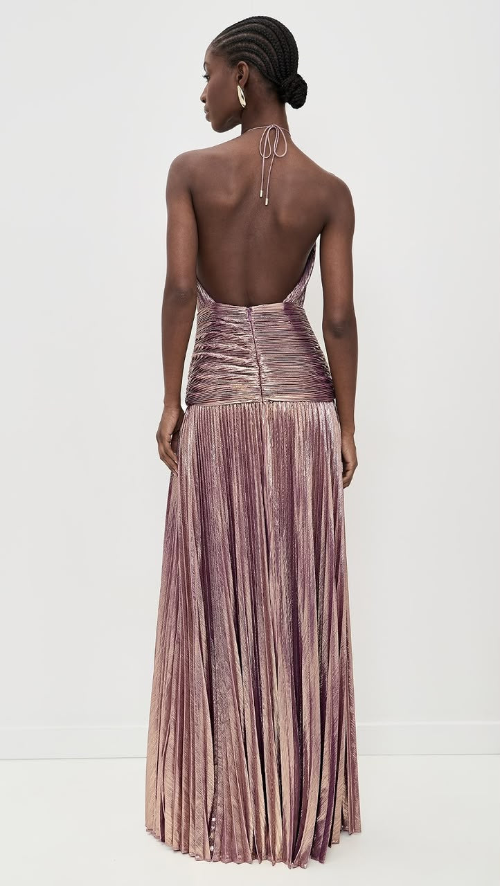V. E. Vestido Maxi Plisado Metalizado Rosa Dorado con Abertura