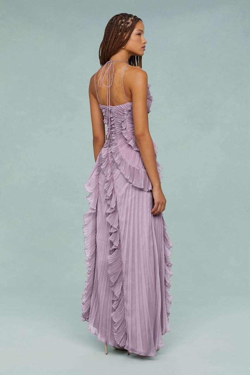 V. E. Vestido Maxi Plisado Lila Asimétrico con Volantes