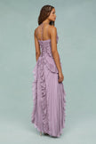 V. E. Vestido Maxi Plisado Lila Asimétrico con Volantes