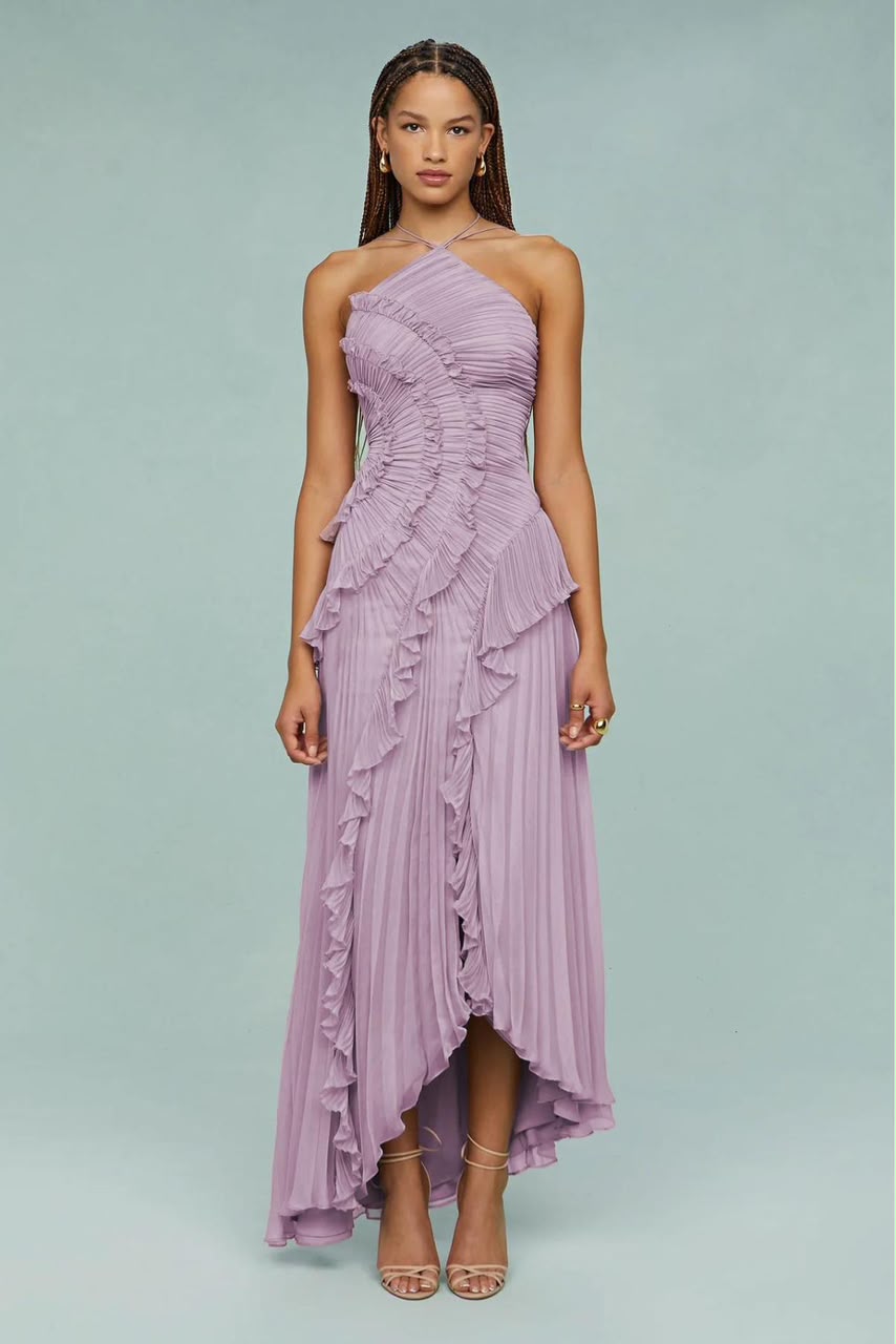 V. E. Vestido Maxi Plisado Lila Asimétrico con Volantes