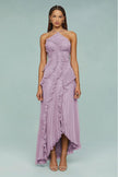 V. E. Vestido Maxi Plisado Lila Asimétrico con Volantes