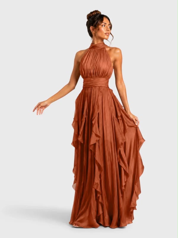 V. E. Vestido Maxi Pleated Ruffle