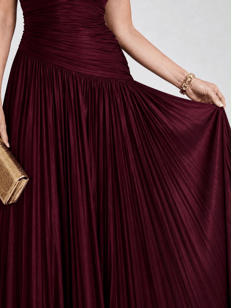 V.E. Neck Burgundy Pleated Dress