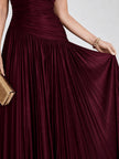 V.E. Neck Burgundy Pleated Dress