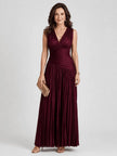 V.E. Neck Burgundy Pleated Dress