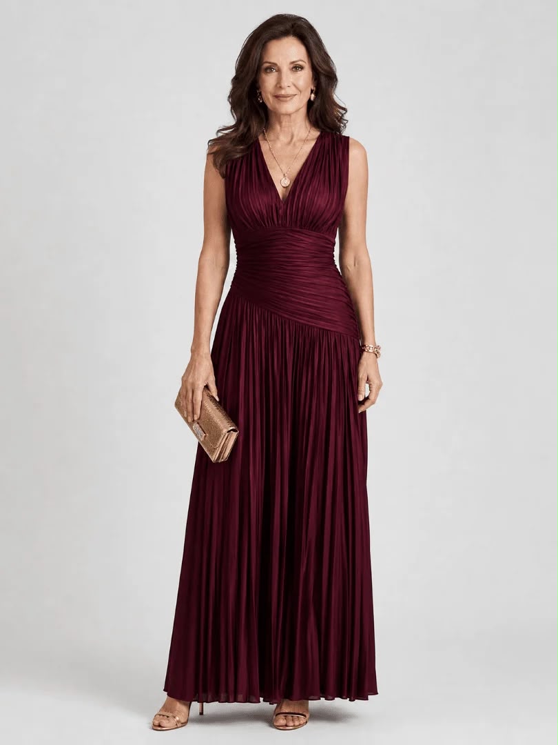 V.E. Neck Burgundy Pleated Dress