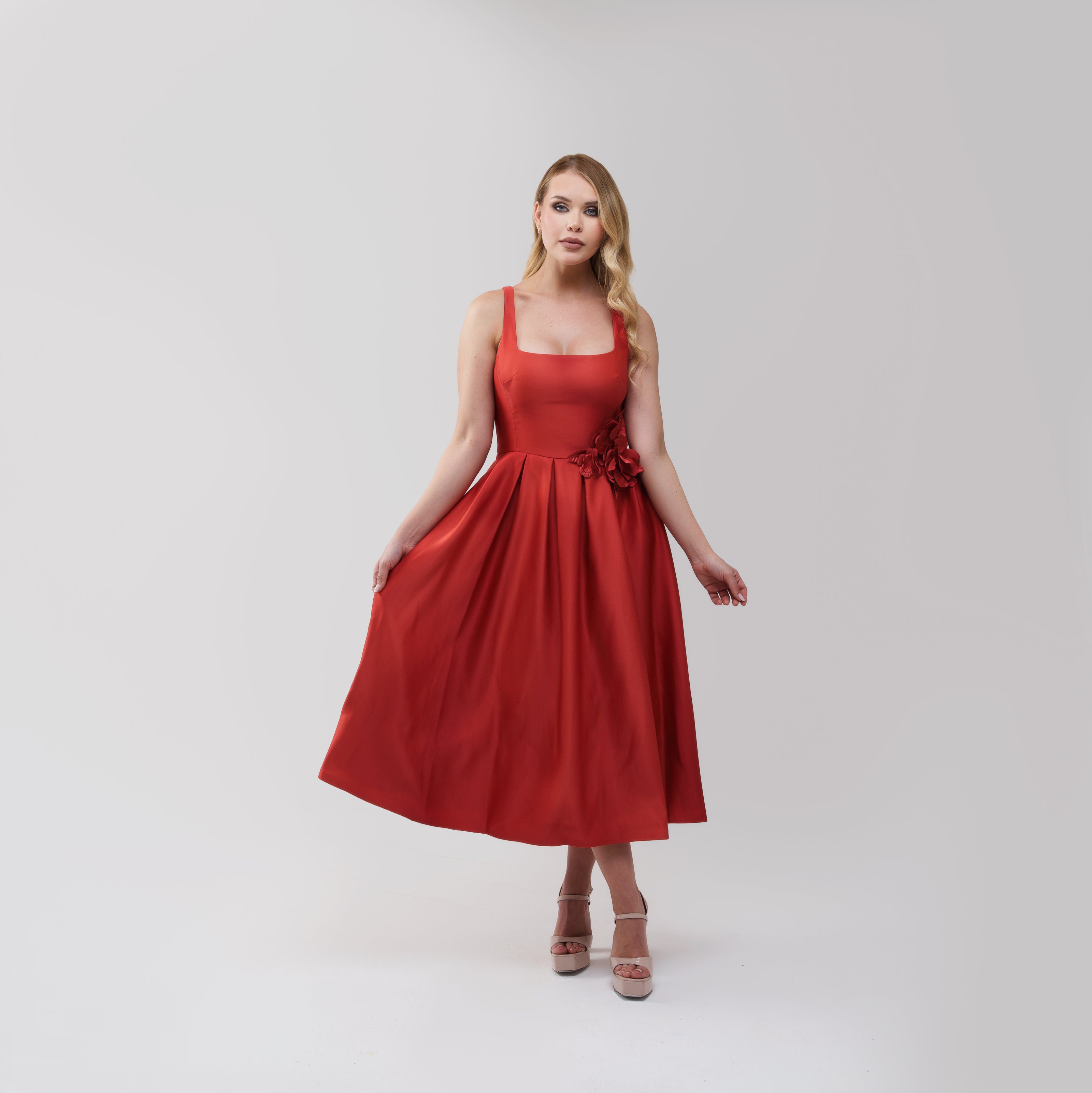 Marchesa Notte Floral‑Appliquéd Duchesse‑Satin Midi Dress