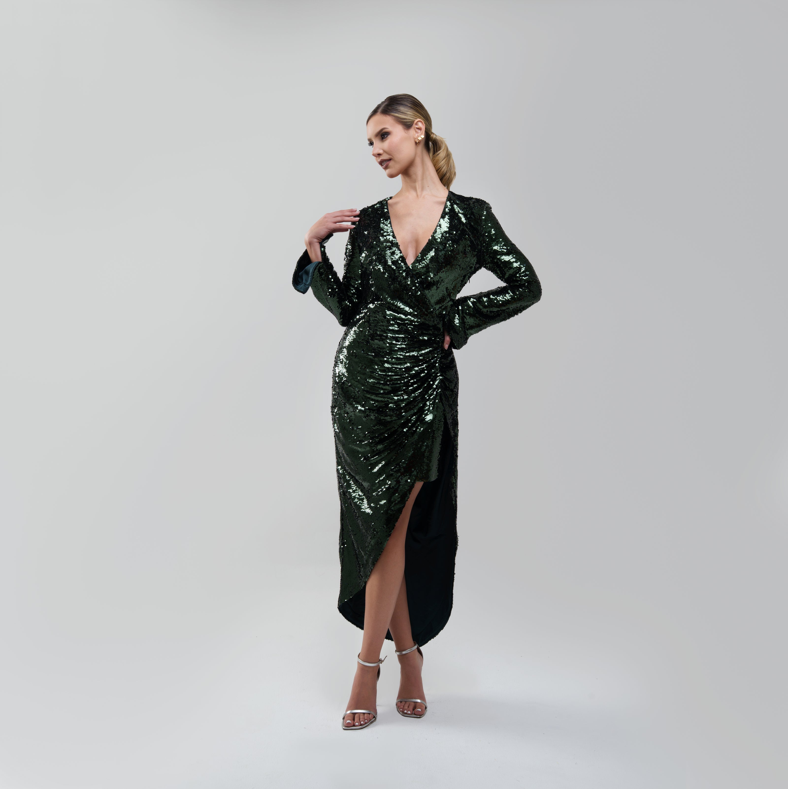 Simkhai Emersyn Ruched Sequined Tulle Midi Dress