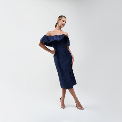 ML Monique Lhuillier Off‑the‑Shoulder Metallic Midi Dress