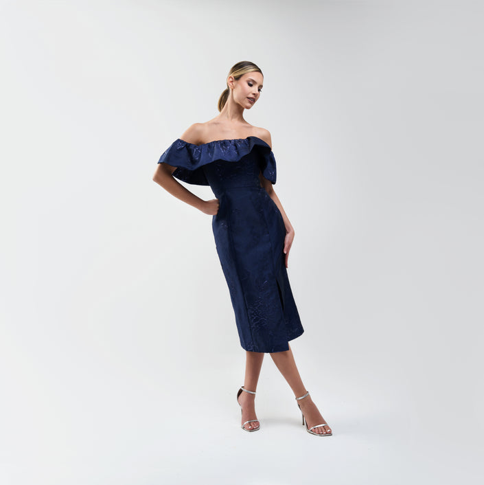 ML Monique Lhuillier Off‑the‑Shoulder Metallic Midi Dress