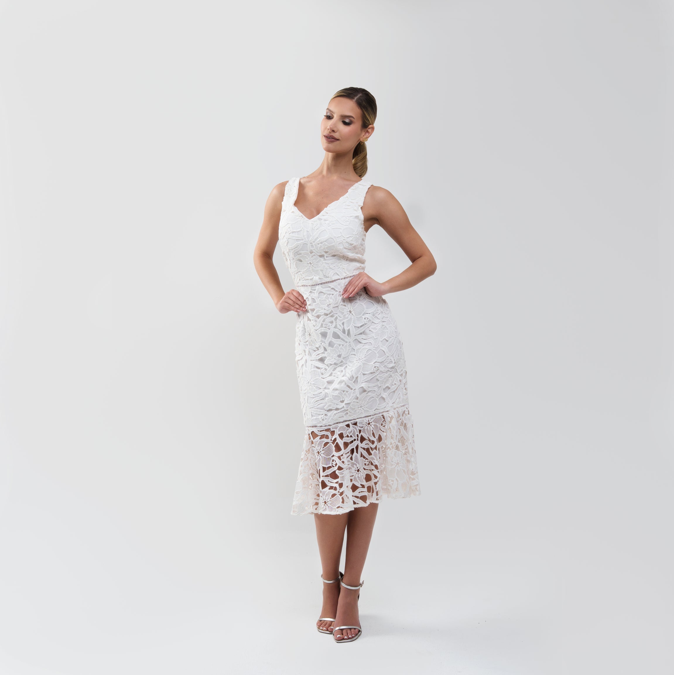 V.E. White Lace Midi Dress