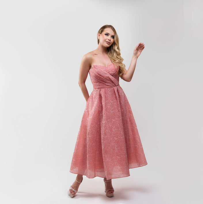 Marchesa Notte Strapless Pleated Cloqué Midi Dress