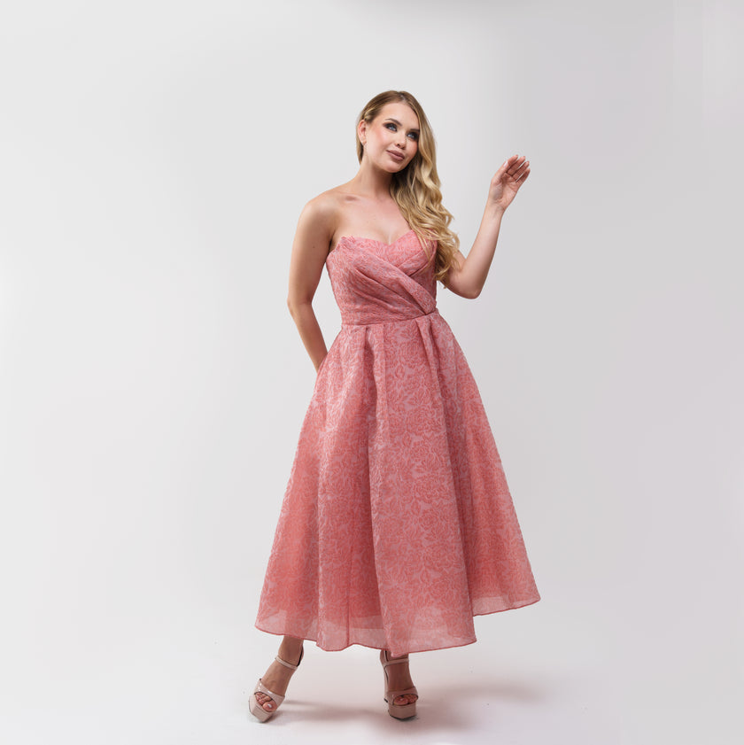 Marchesa Notte Strapless Pleated Cloqué Midi Dress