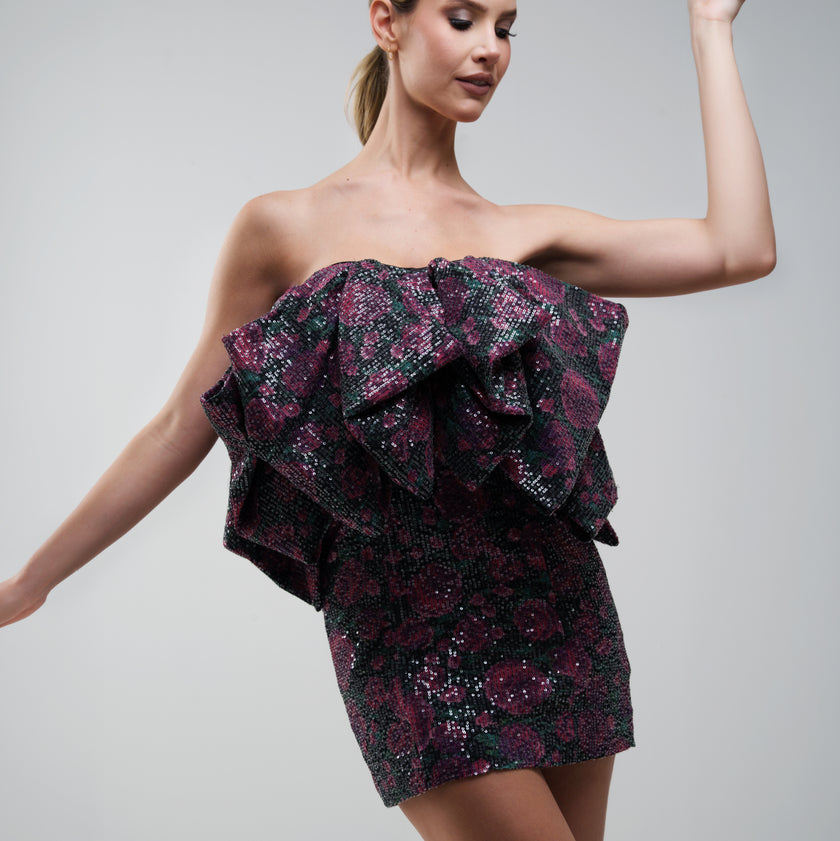 Rotate Birger Christensen Floral‑Print Sequined Tulle Strapless Mini Dress