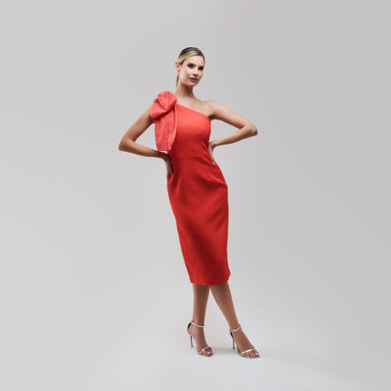 Rebecca Vallance Calla one-shoulder bow-detailed cloqué midi dress