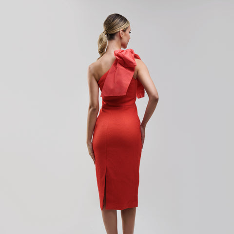Rebecca Vallance Calla one-shoulder bow-detailed cloqué midi dress