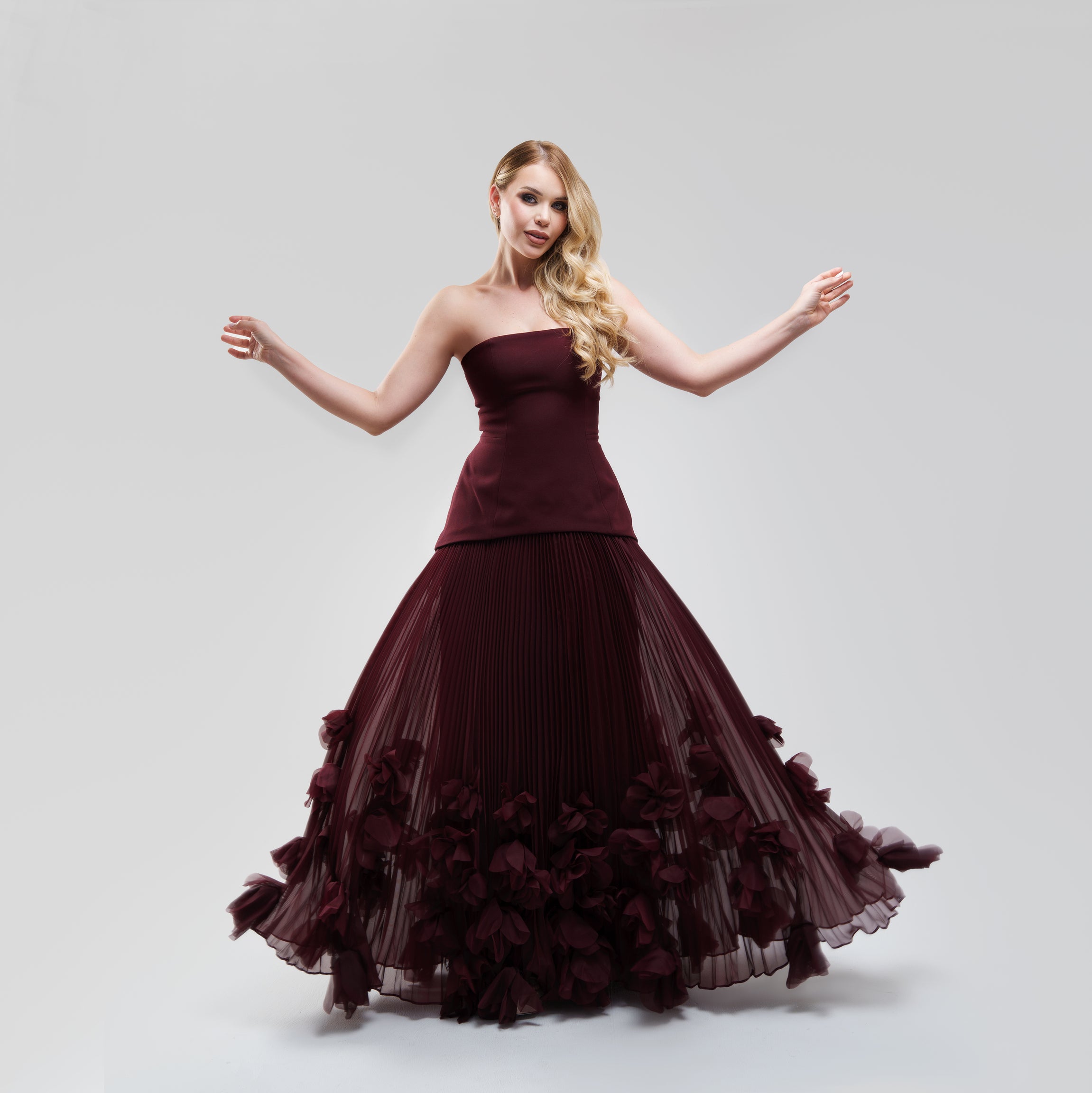V.E. Burgundy Pleated Flower Maxi Dress