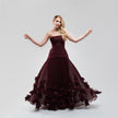 V.E. Burgundy Pleated Flower Maxi Dress