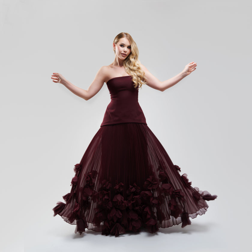 V.E. Burgundy Pleated Flower Maxi Dress