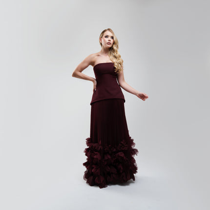 V.E. Burgundy Pleated Flower Maxi Dress