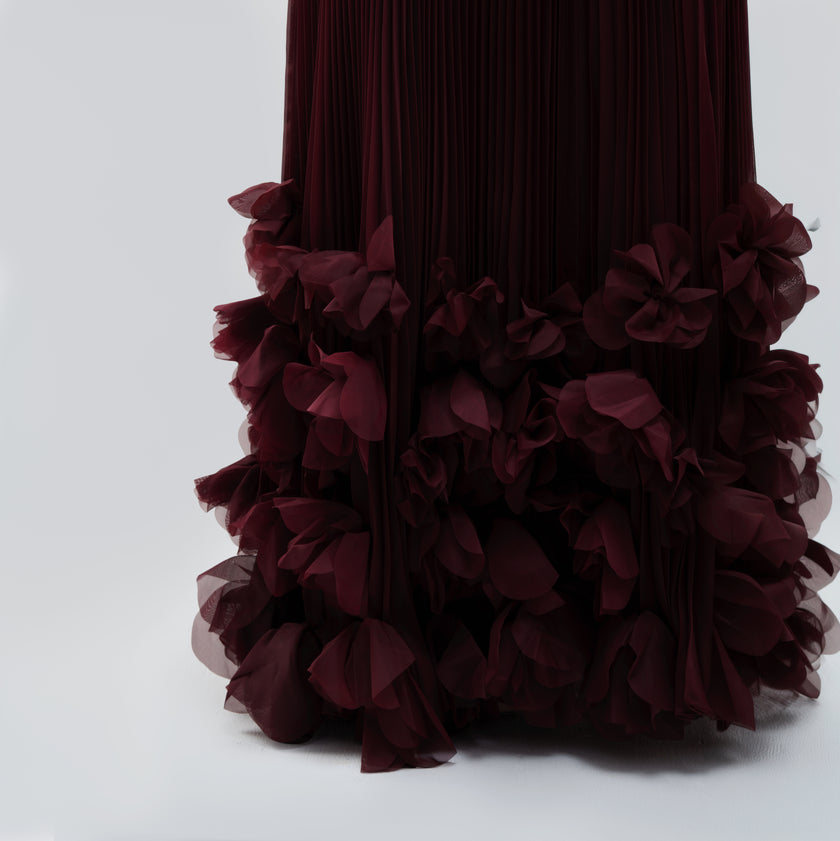 V.E. Burgundy Pleated Flower Maxi Dress