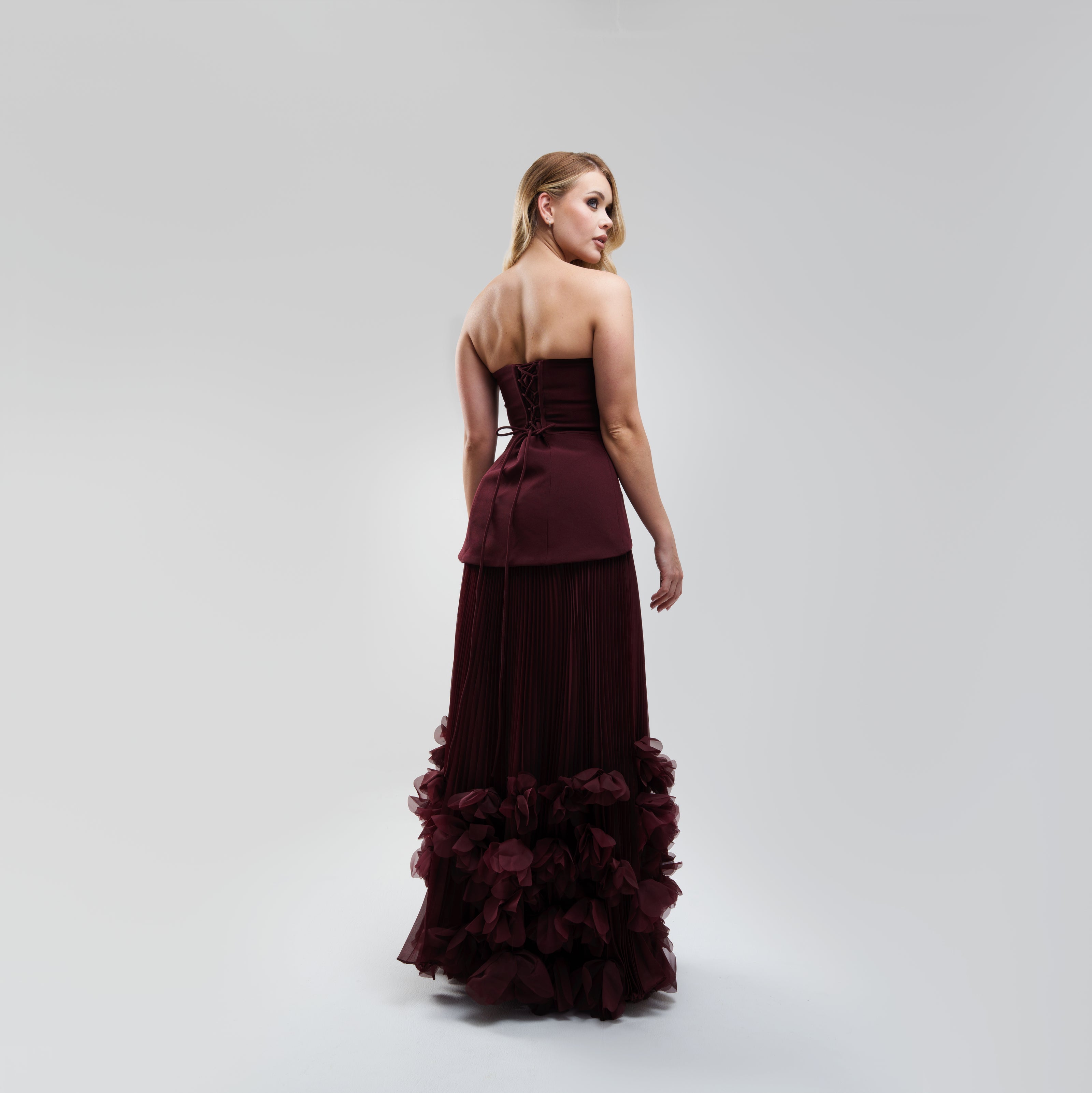 V.E. Burgundy Pleated Flower Maxi Dress