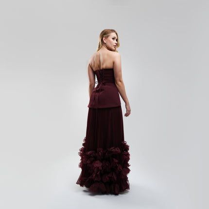 V.E. Burgundy Pleated Flower Maxi Dress