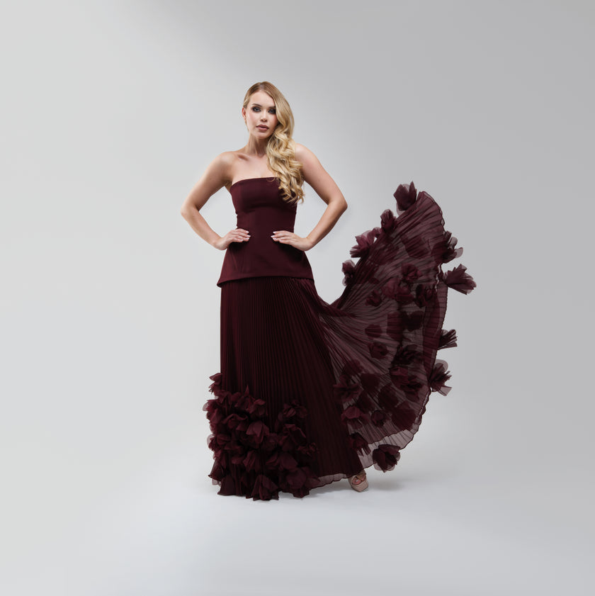 V.E. Burgundy Pleated Flower Maxi Dress