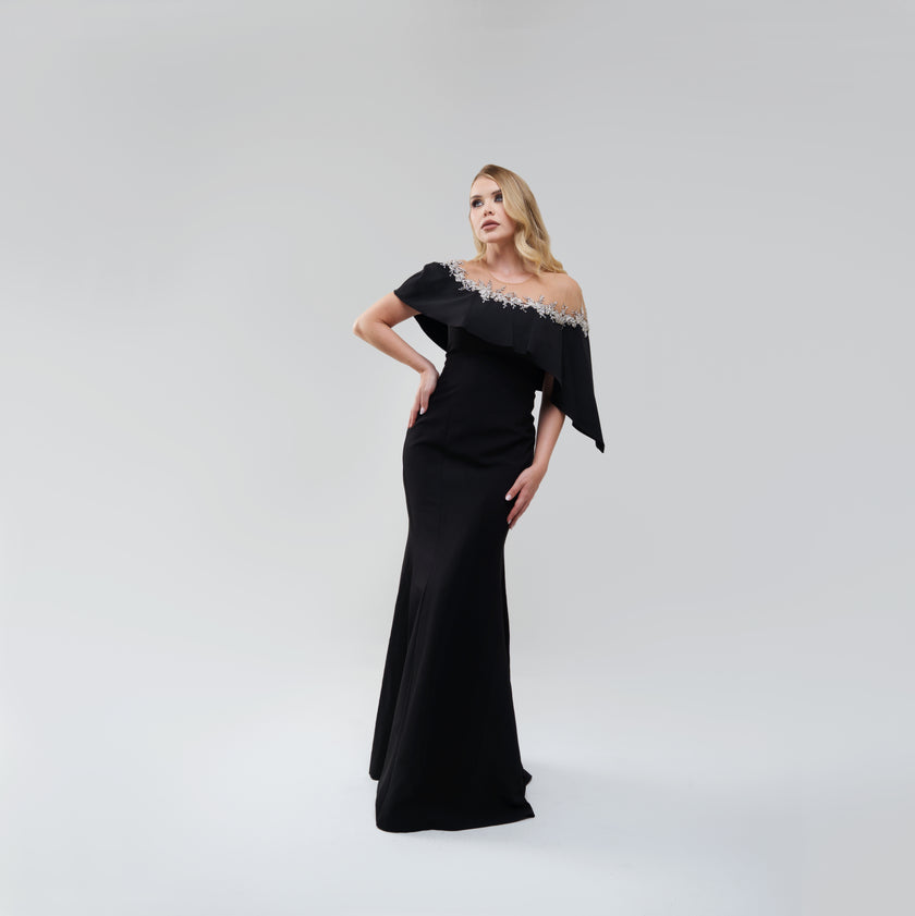 Marchesa Notte Embellished Tulle‑Paneled Crepe Gown