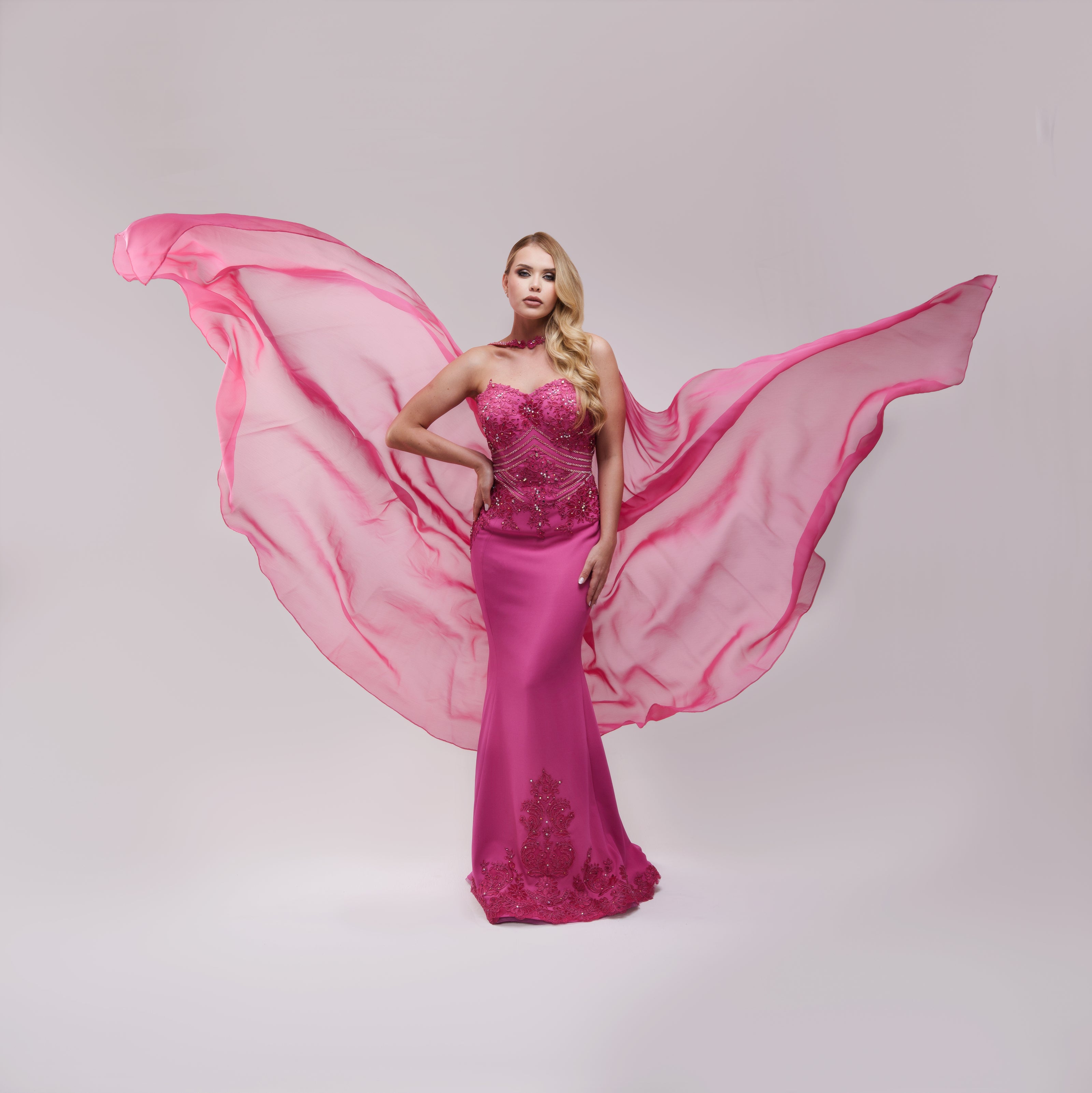 Dhey Galaviz Fucsia Cape Gown Long Dress