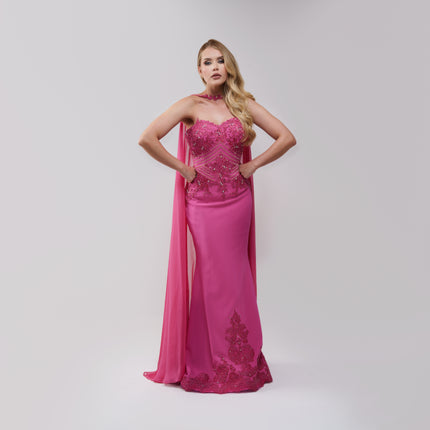Dhey Galaviz Fucsia Cape Gown Long Dress