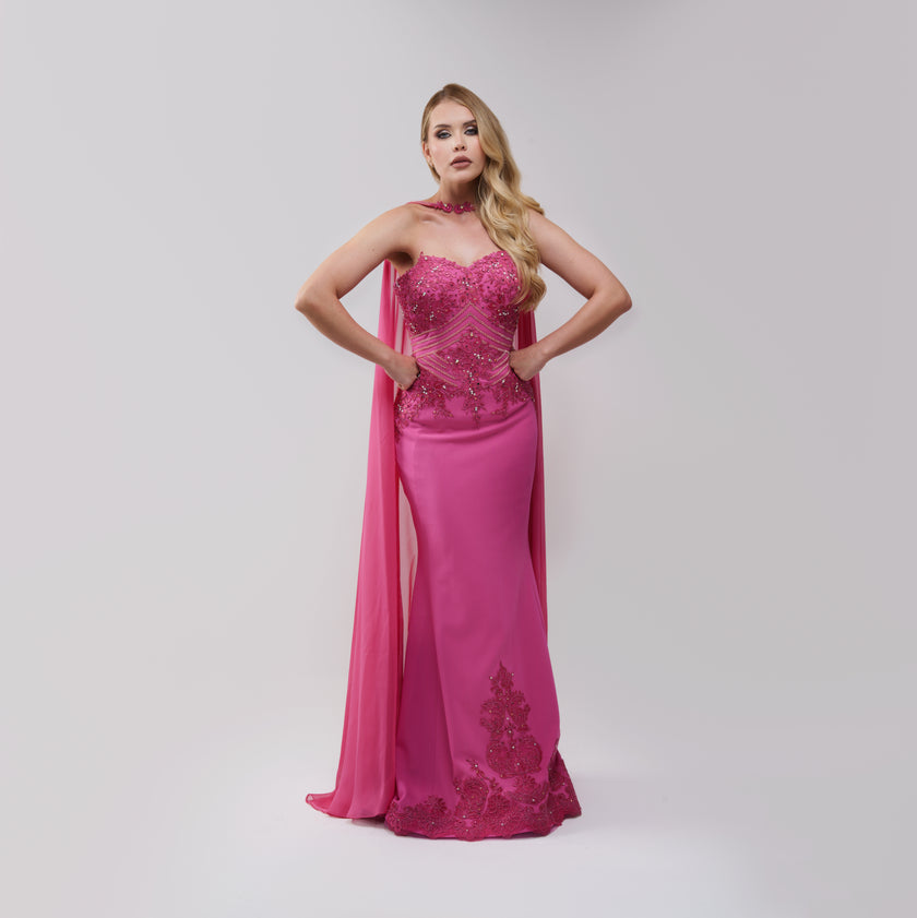 Dhey Galaviz Fucsia Cape Gown Long Dress
