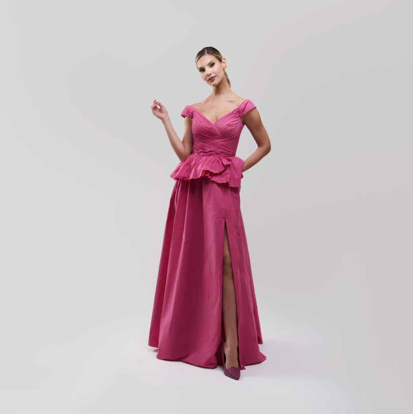 Marchesa Notte Off‑the‑Shoulder Pleated Taffeta Gown