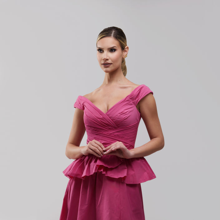 Marchesa Notte Off‑the‑Shoulder Pleated Taffeta Gown