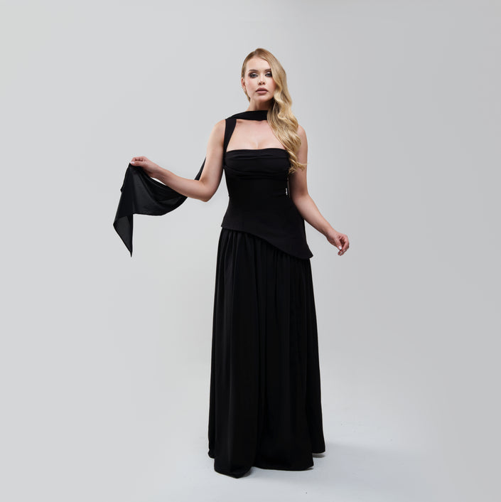 V.E. Black Scarf Flow Maxi Dress