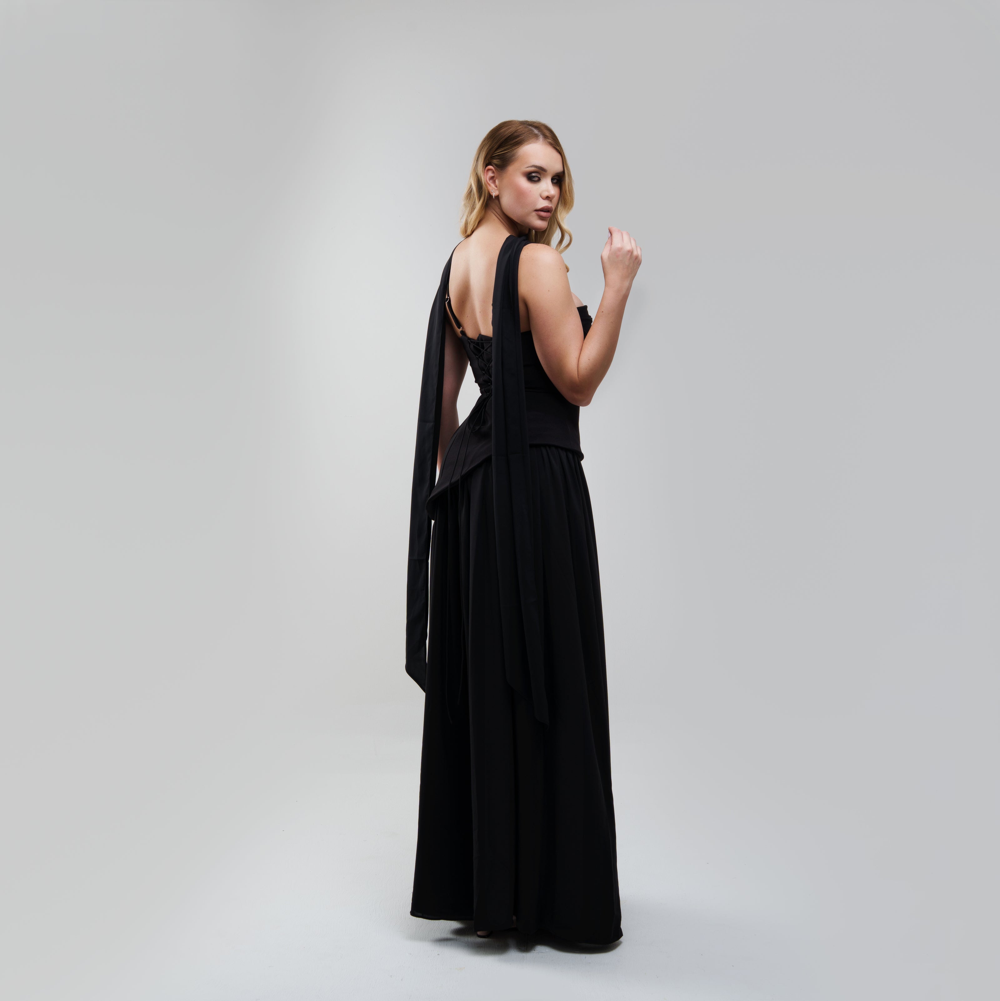 V.E. Black Scarf Flow Maxi Dress