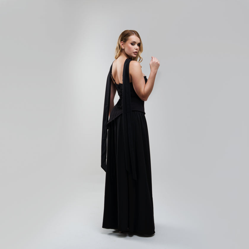 V.E. Black Scarf Flow Maxi Dress