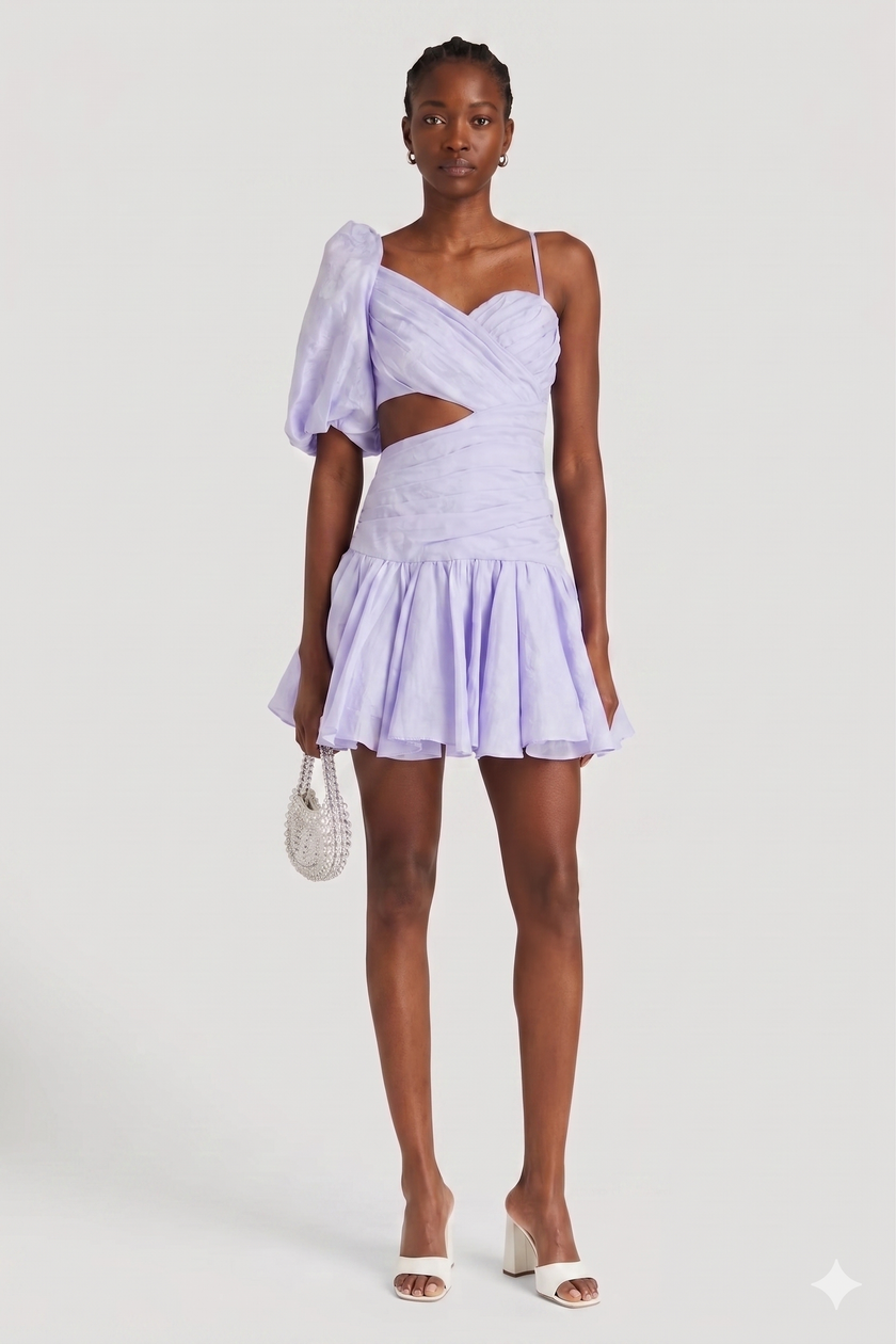 Sandro One‑Sleeve Cutout Linen‑Blend Mini Dress