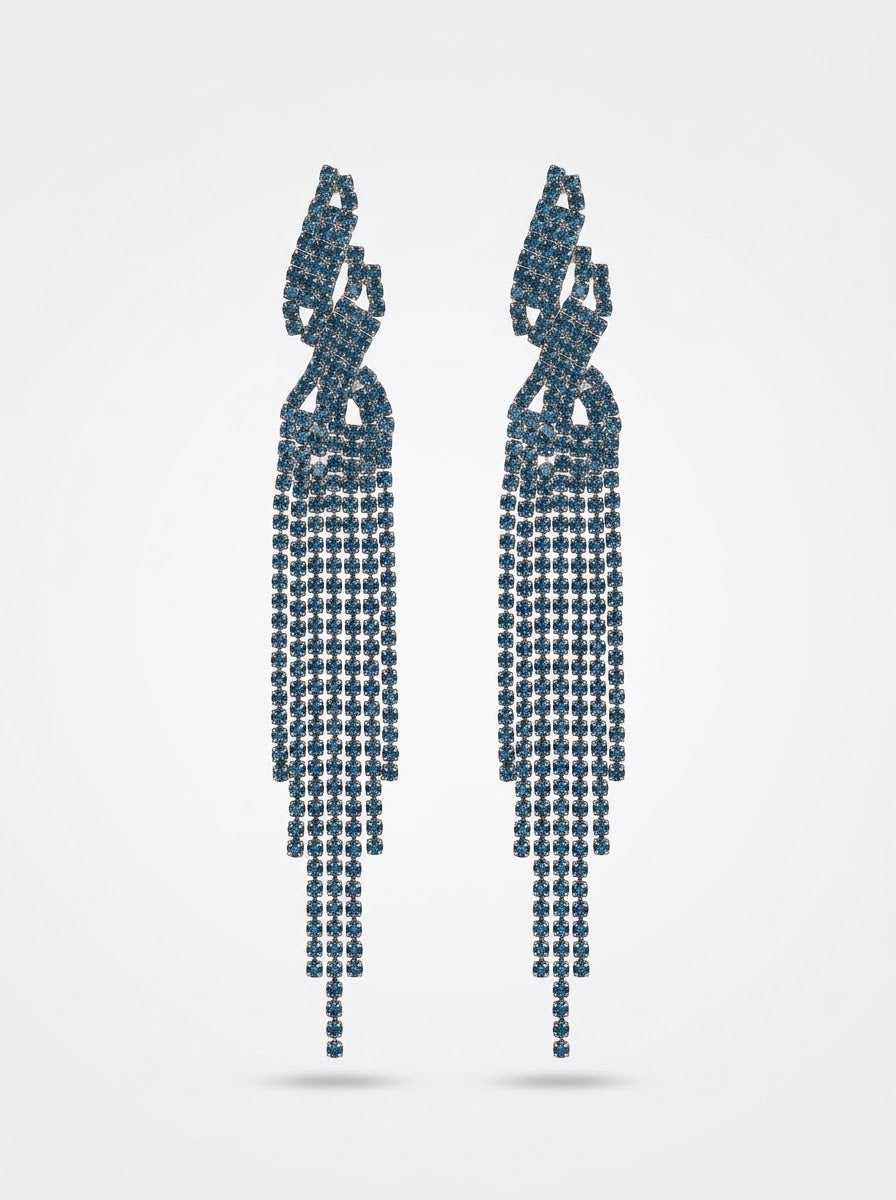 Zarcillos Largos Flecos de Strass en Azul