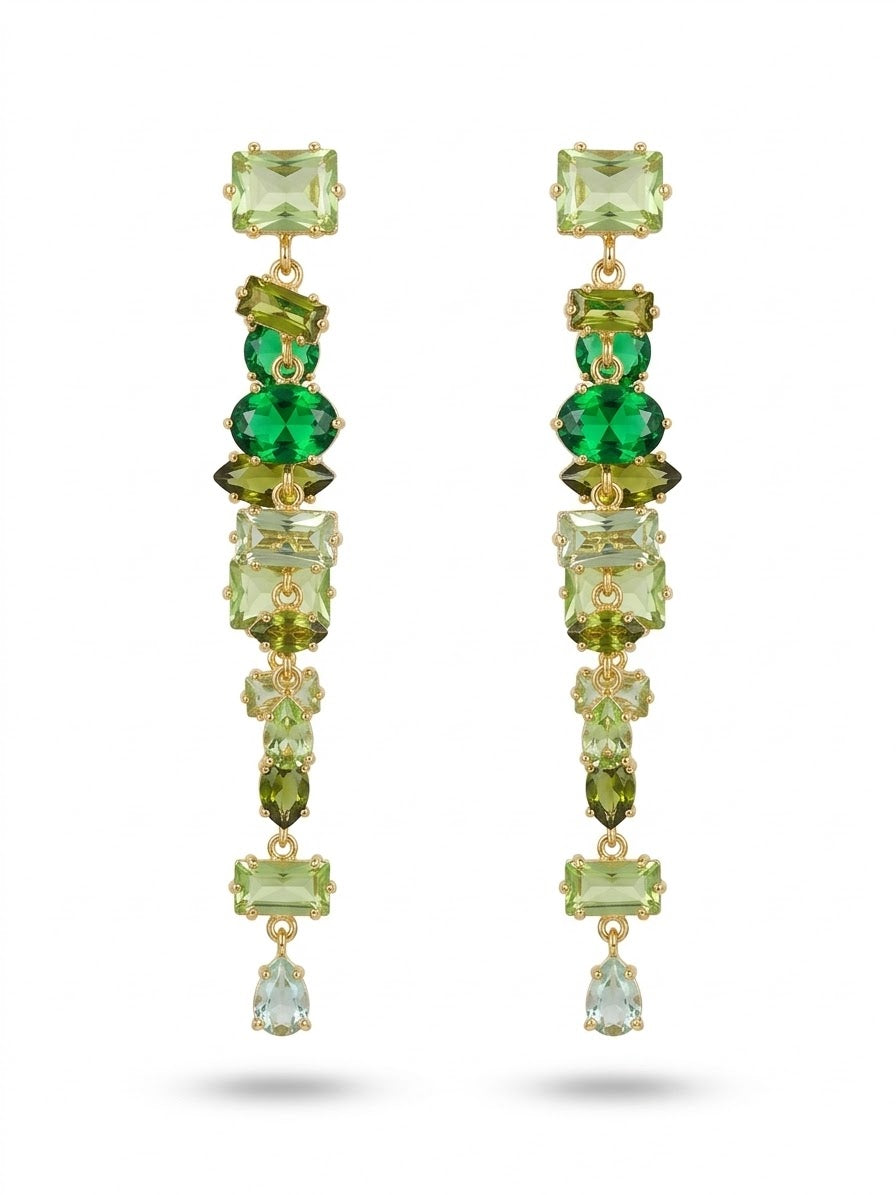 Zarcillos Cascadas Mosaico de Gemas Verdes y Menta