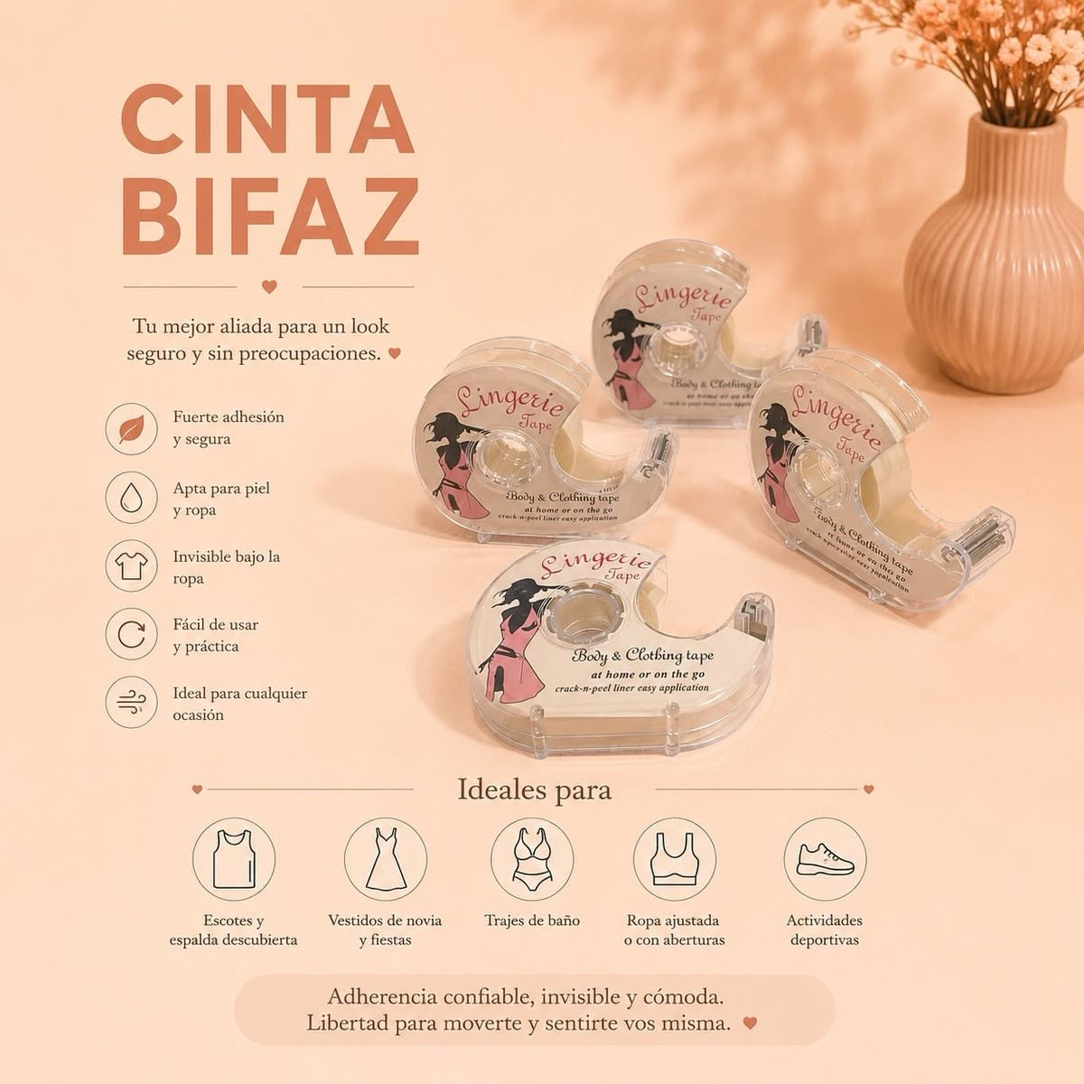 Cinta Bifaz Transparente para Ropa y Piel