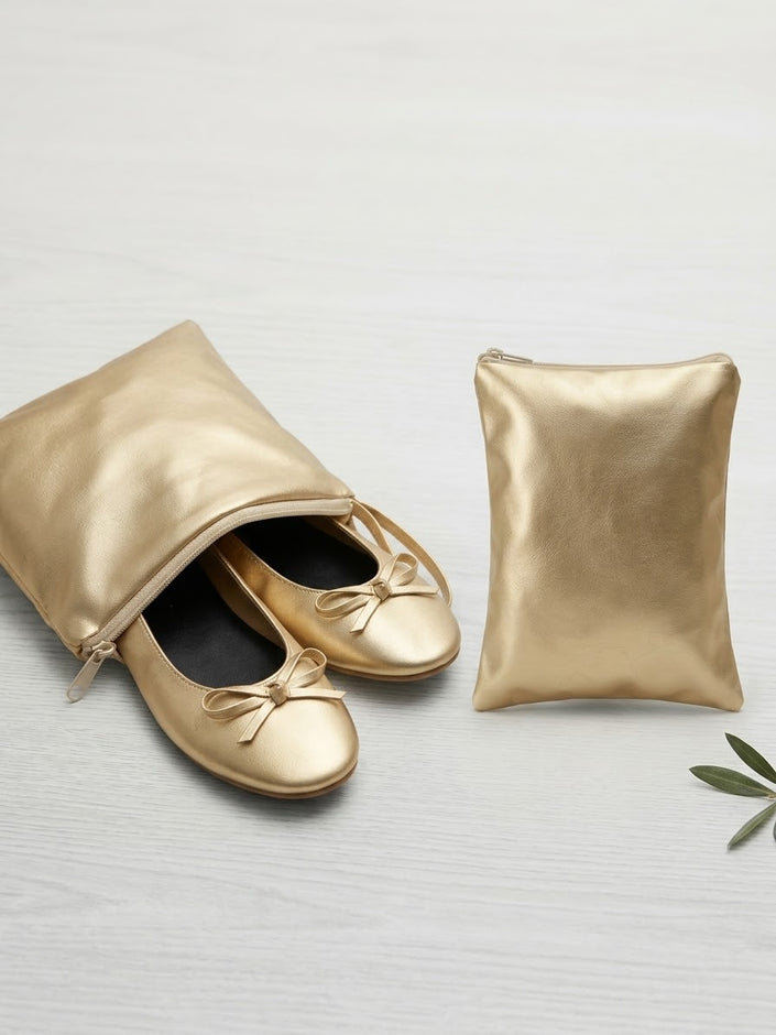 Zapatillas Ballerinas Plegables de Gala Doradas con Estuche Portátil