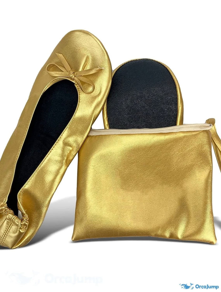 Zapatillas Ballerinas Plegables de Gala Doradas con Estuche Portátil