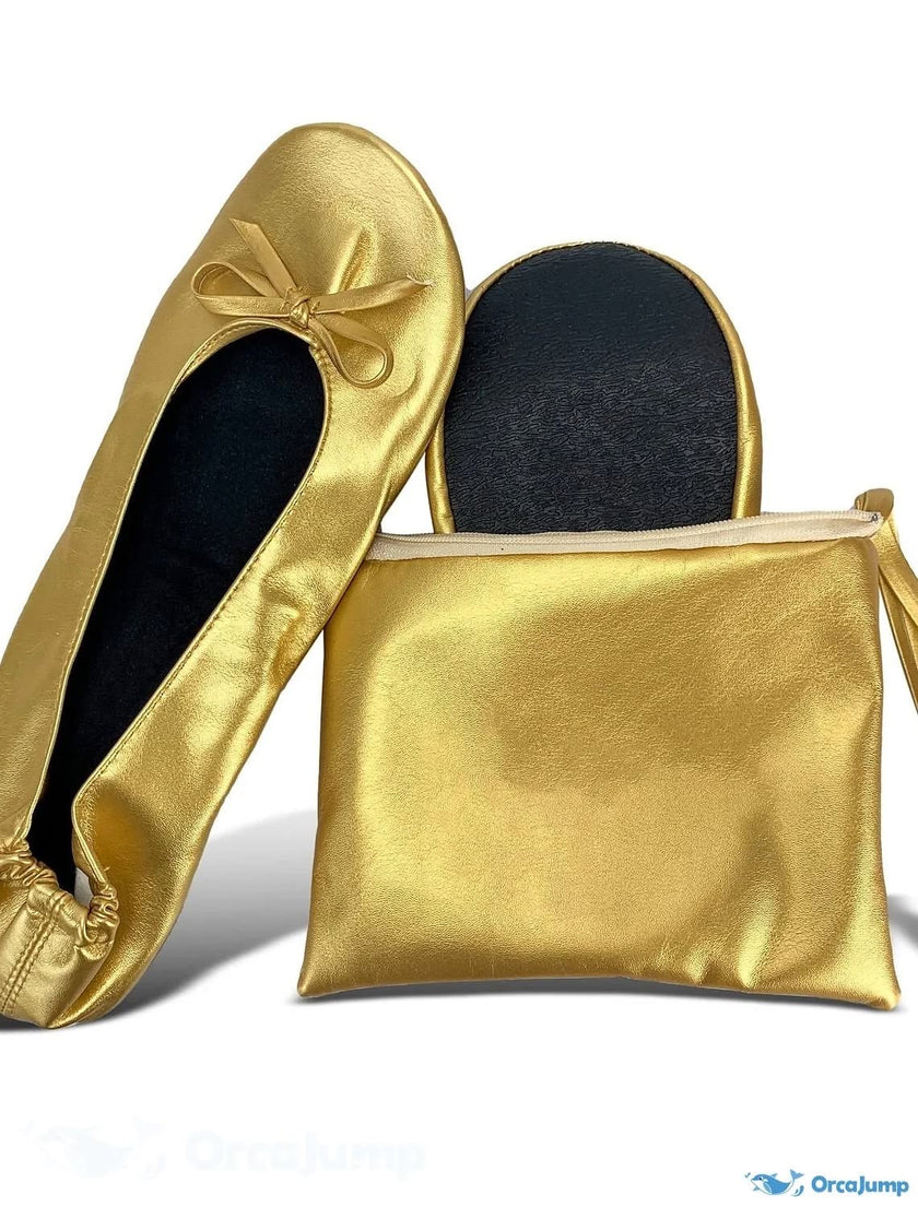 Zapatillas Ballerinas Plegables de Gala Doradas con Estuche Portátil